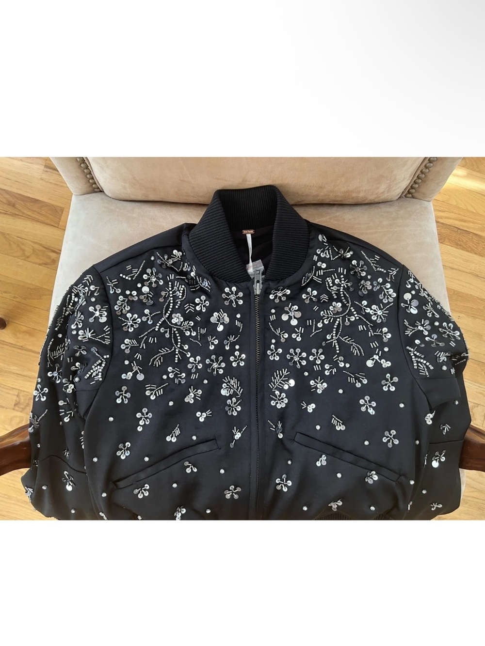 Free People Stassi Black Satin Embellished Beaded Bomber Jacket NWT Size XS - Picture 10 of 11